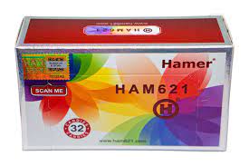 Box of HAMER GINSENG & COFFEE CANDY labeled "E854A9" with a "32 candies" indication and three individually wrapped candies in red and colorful packaging in front. Purchase this delightful treat now exclusively at MyAllures!