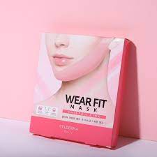 Image of two CELDERMA WEAR FIT MASKS LOVING CORAL (VLINE) in Chiffon Pink packaging. The design includes a partially covered face and product information in English and Korean. Available to buy at MyAllures.