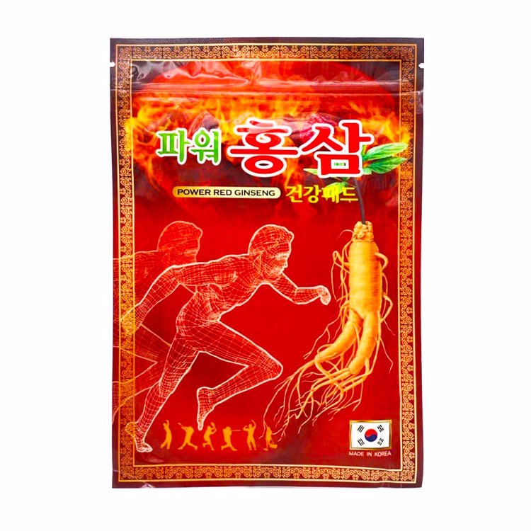 A package of Korea Power Red Ginseng Patch Pain Relief, branded by Korean, with a red background featuring a running figure outline and a ginseng root illustration. The text is in both Korean and English, with a "Made in Korea" label at the bottom. Purchase this rejuvenating product exclusively at MyAllures.