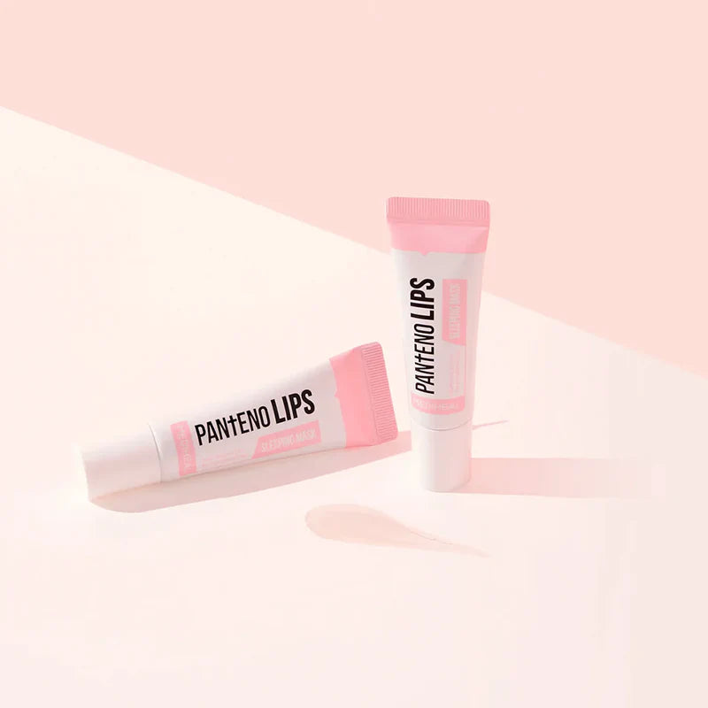 Three tubes of "MEDIHEAL PANTENOLIPOS SLEEPING LIP MASK" are arranged on a pink background, with swirling lines of balm beside each tube—get yours today at MyAllures.