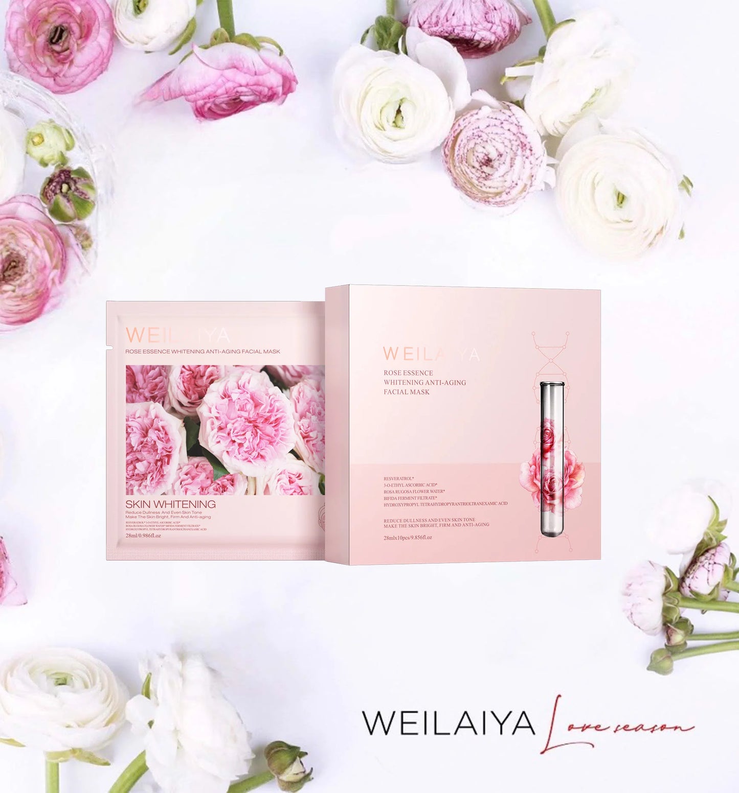 Weilaiya Rose Essence Whitening Facial Mask, Rose essence mask, Whitening mask, Facial sheet mask, Korean skincare, Brightening mask, Beauty products, Cosmetics, Skincare routine, Hydrating mask, Radiant skin, Skin care regimen, Beauty essentials, Natural ingredients, Face mask.