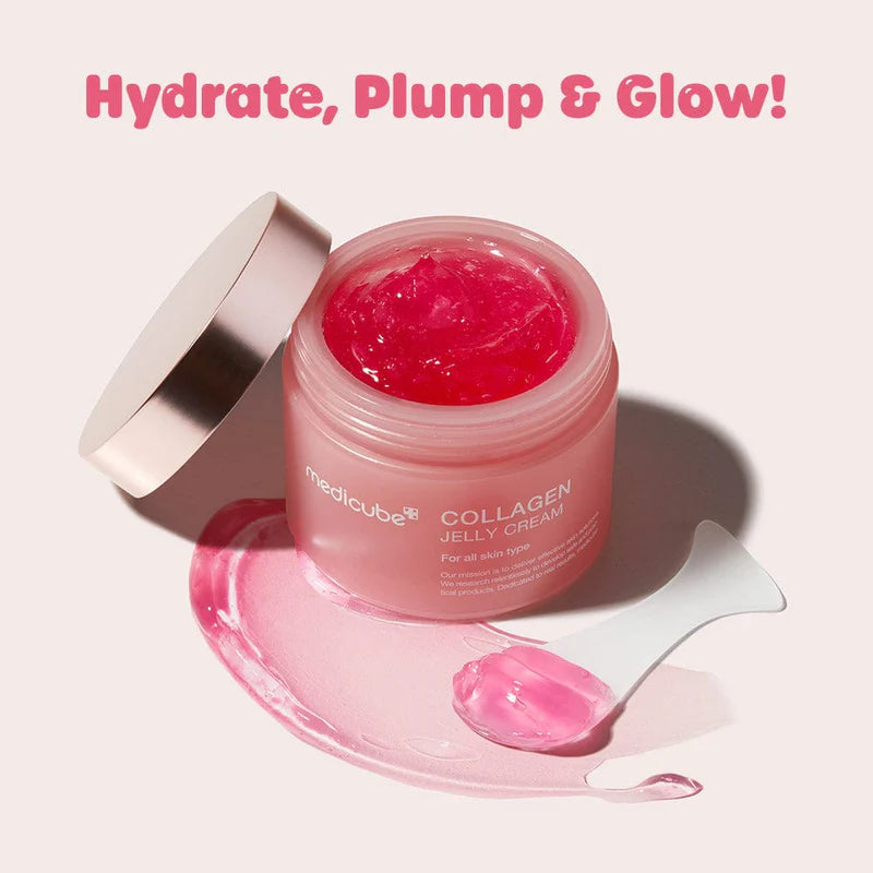 An image of MEDICUBE COLLAGEN JELLY CREAM by MEDICUBE, a pink skincare gel with text detailing its benefits: contains niacinamide, freeze-dried hydrolyzed collagen, squalane, and hydrolyzed elastin to boost hydration, firmness, and elasticity. Buy at MyAllures.