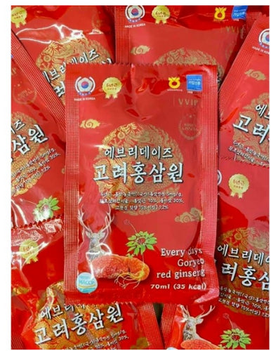 Packets of KOREAN GORYEOS RED GINSENG from KOREAN, each labeled 70ml (35 kcal), with Korean text on bright red packaging, featuring an image of red ginseng root and a deer. Buy at MyAllures for premium quality and healthy living!