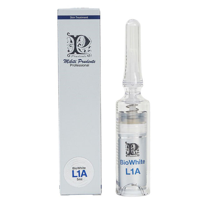 A syringe labeled "MIBITI PRUDENTE NUWHITE L1A Lip Brightening" is placed in front of a large graphic of red lips. Available to buy at MyAllures.