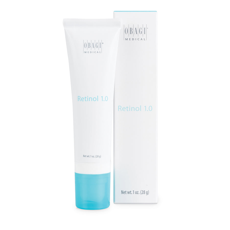 A tube of OBAGI RETINOL 1.0 28G with text indicating 90% saw improved facial skin appearance in 3 weeks, and 88% saw improved skin texture. Product data is noted to be on file at Obagi Cosmeceuticals LLC. Buy at MyAllures today!