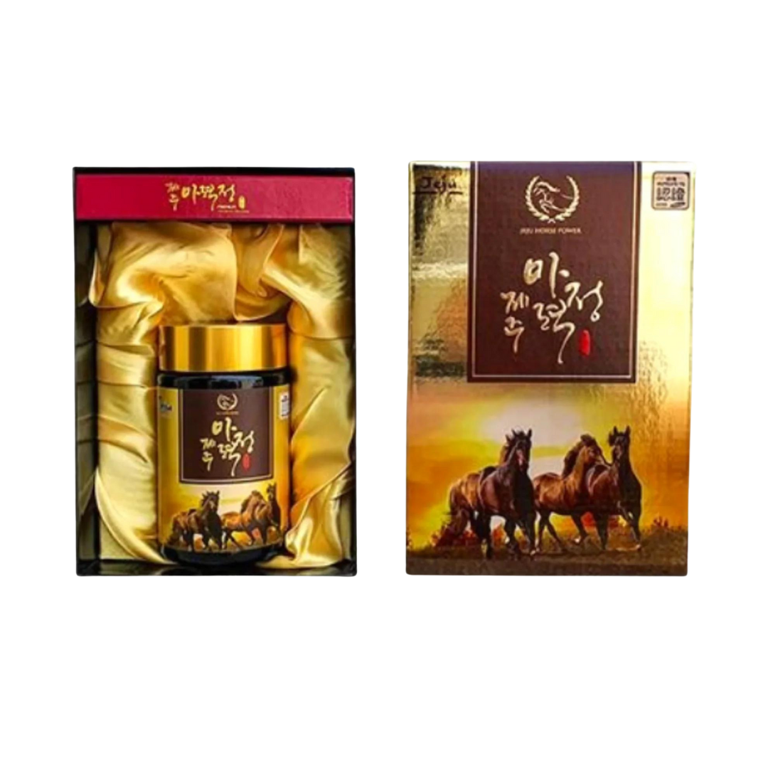 A gold-colored container of KOREAN JEJU HORSE POWER cream is presented in a satin-lined box next to its exterior packaging, which features an image of running horses and Korean text. Buy at MyAllures for elegance and quality.