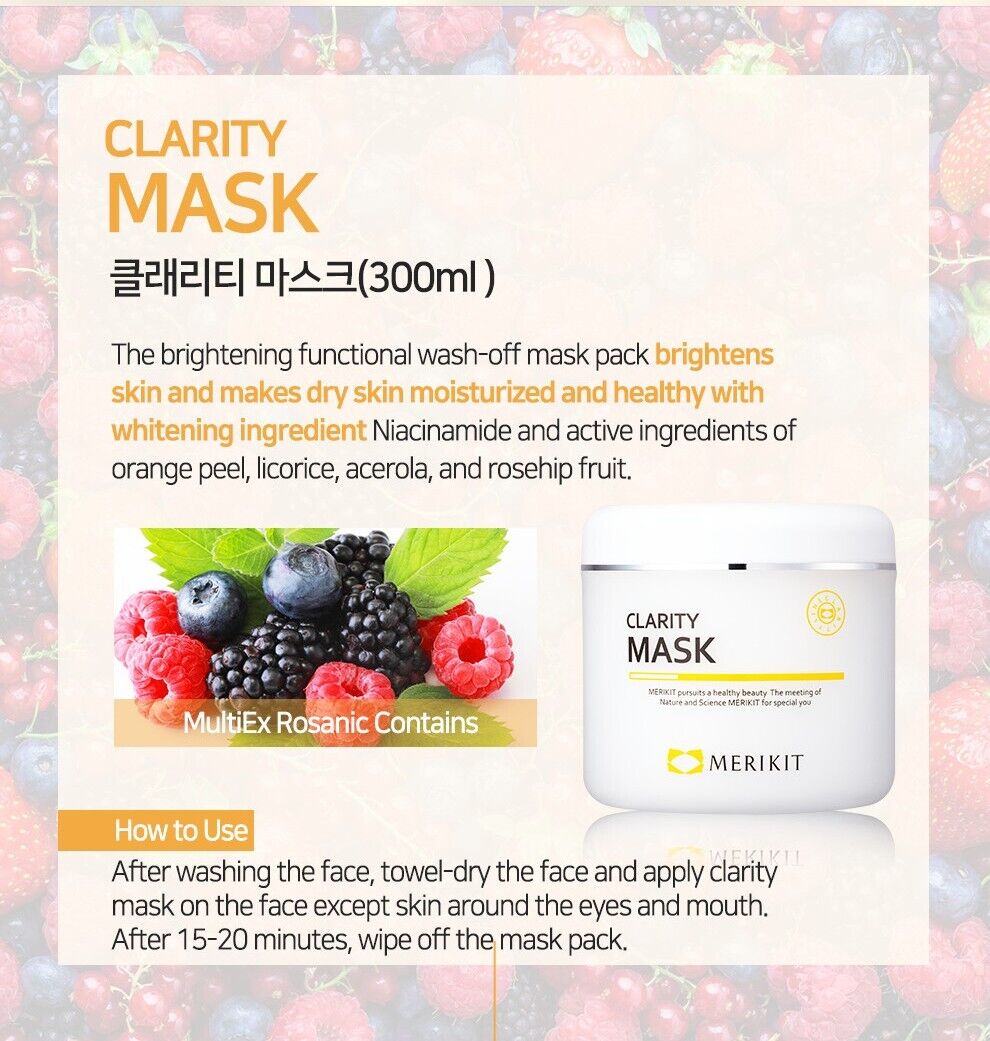 An image displaying four skincare products from the MERIKIT Clarity Line, available to buy at MyAllures: Clarity Skin (500ml), Clarity Serum (250ml), Clarity C Cream (210ml), and MERIKIT CLARITY MASK (300ml).