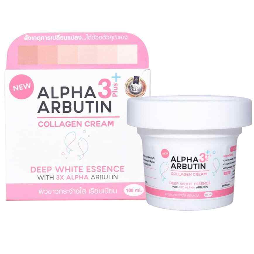 Snapshot of ALPHA ARBUTIN 3 PLUS COLLAGEN CREAM packaging and jar. The product promises a deep white essence with triple the alpha arbutin. The container holds 100ml, with text in both English and Thai. Purchase at MyAllures for glowing, radiant skin!