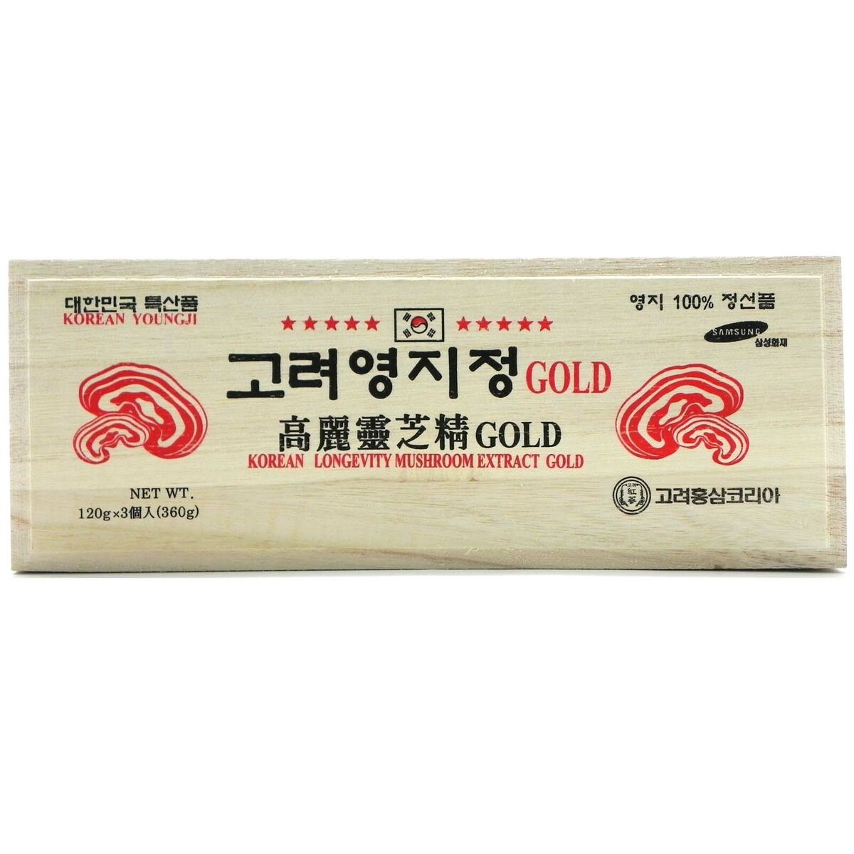 Wooden box labeled "Korean Línhzhi Reishi Mushroom Ganoderma Lucium Extract Gold" with Korean text and illustrations of mushrooms. Net weight is 120g (4.23oz) x 3 = 360g. Available for purchase at MyAllures.