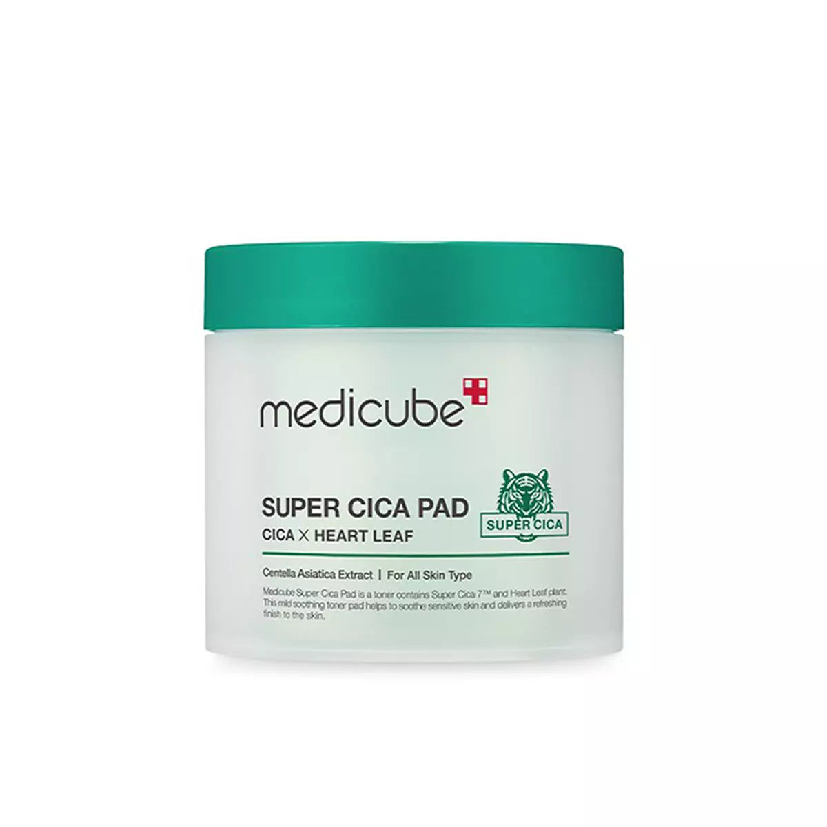 Image showing two stacked containers of MEDICUBE SUPER CICA PAD, with water splashing onto them. The label highlights 88% Centella Asiatica extract, 10,000PPM Super Cica7™, and Heart Leaf. Buy at MyAllures for the ultimate skincare experience.