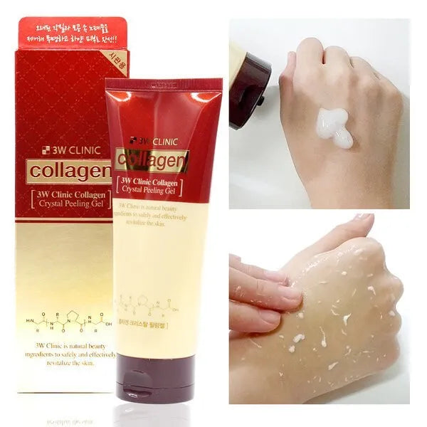 A tube of 3W CLINIC COLLAGEN CRYSTAL PEELING GEL, a gentle exfoliating solution with hydrolyzed collagen, is shown with its packaging on the left. The right side displays the gel being applied to a hand and then peeling off, revealing exfoliated skin.