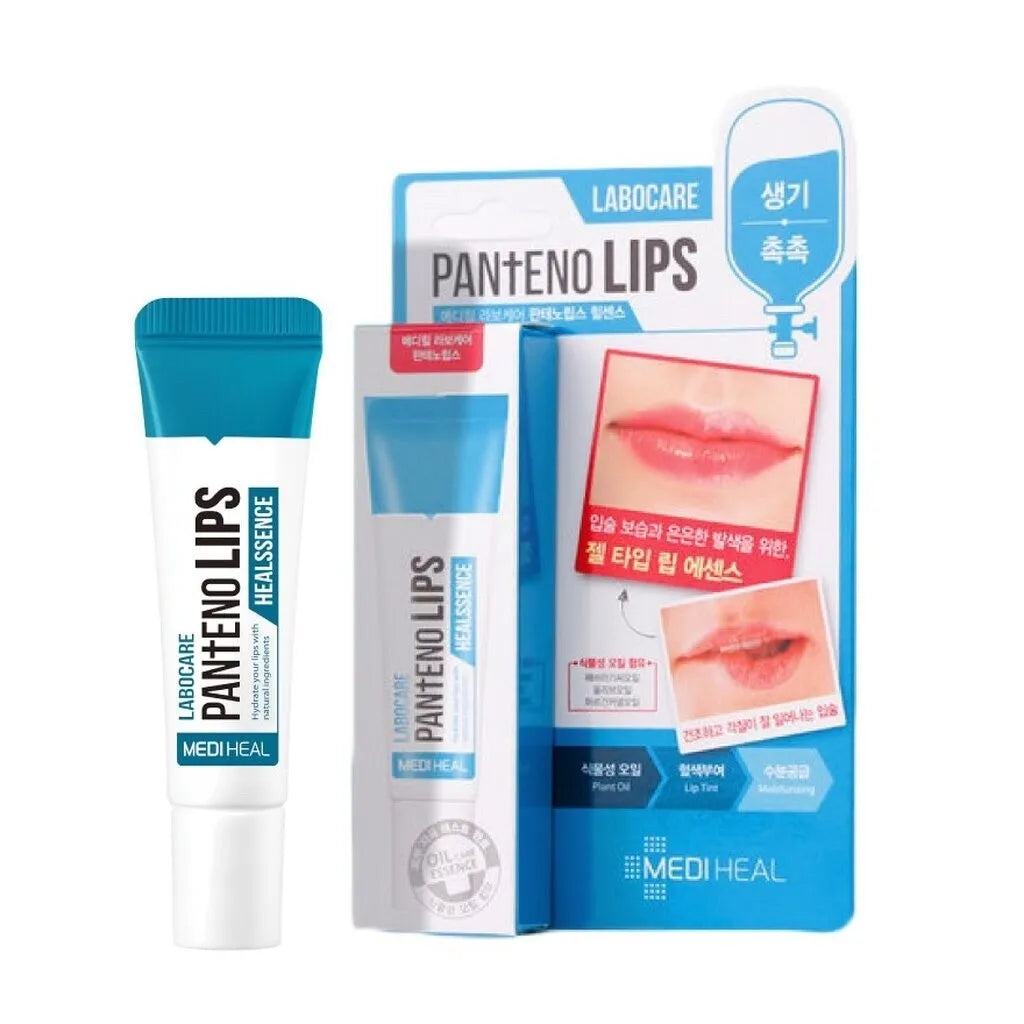 Packaging of MEDIHEAL LABOCARE PANTENOLIPS HEALESSENCE LIP GEL by MEDIHEAL. Includes a tube of the lip gel and images of lips showcasing before and after application. Text highlights moisturizing and color-tint benefits. Buy at MyAllures for hydrated, tinted lips today!