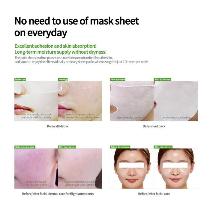 Promotional image for DERM ALL Matrix Facial Dermal Care Mask featuring a smiling woman and text highlighting the product's dual function of nourishing and exfoliating the skin. Available at MyAllures.