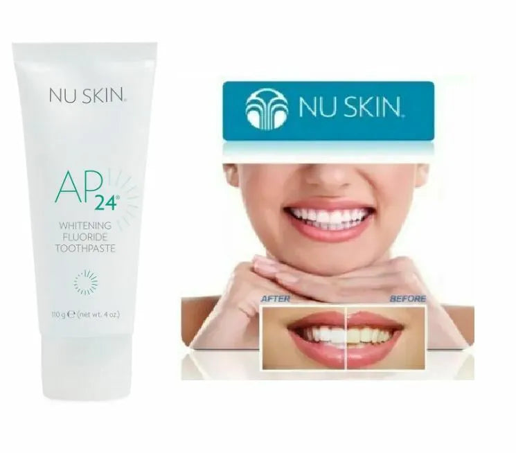 A tube of NUSKIN AP 24 Whitening Fluoride Toothpaste with some paste squeezed out, set against a light turquoise background—buy at MyAllures for a brighter smile.