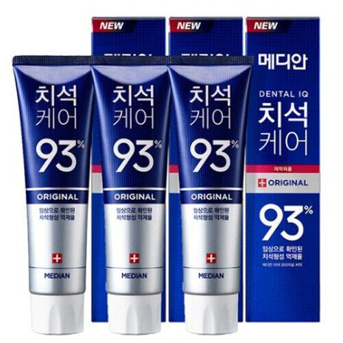 Three tubes of MEDIAN TOOTHPASTE are displayed in front of their packaging box, which contains Korean text and claims whitening benefits. Buy at MyAllures for a dazzling smile.