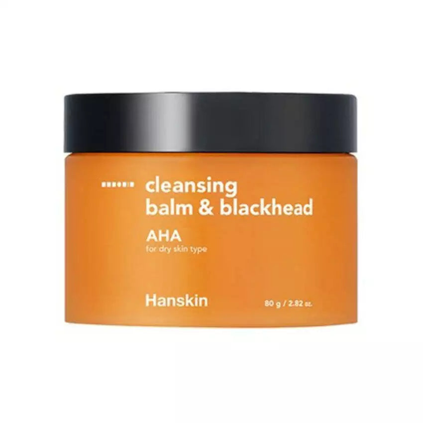 An open HANSKIN CLEANSING BALM & BLACKHEAD container labeled "HANSKIN" with a white substance inside and a small spatula resting on top, available to buy at MyAllures.