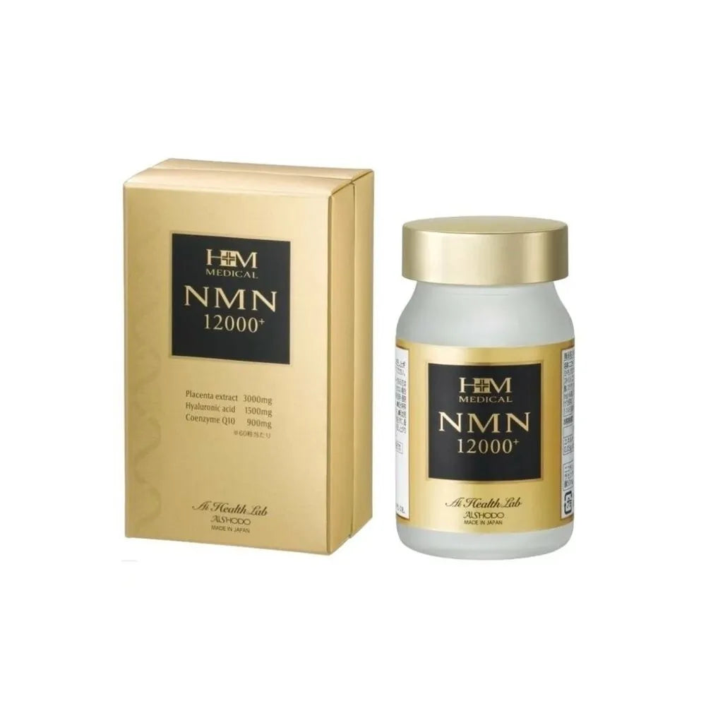 A gold and white box labeled "AISHODO NMN Skin Rejuvenation Pills" sits next to a matching white bottle, containing 3000mg placenta extract, 1500mg hyaluronic acid, and 500mg coenzyme Q10. Available to buy at MyAllures.