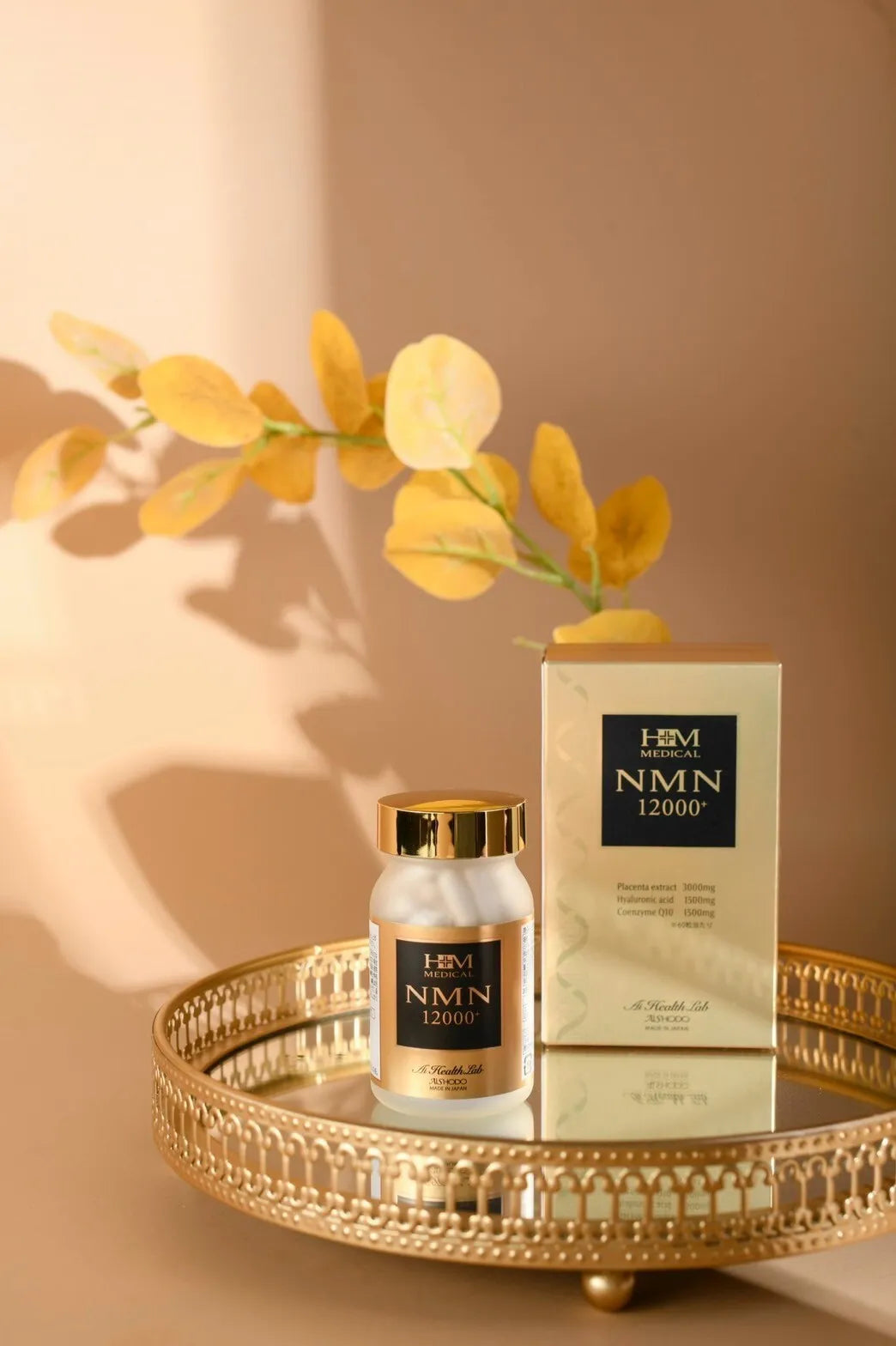 A bottle and a box of AISHODO NMN SKIN REJUVENATION PILLS are displayed on a decorative golden tray with yellow leaves in the background. You can purchase them at MyAllures for an elevated wellness experience.