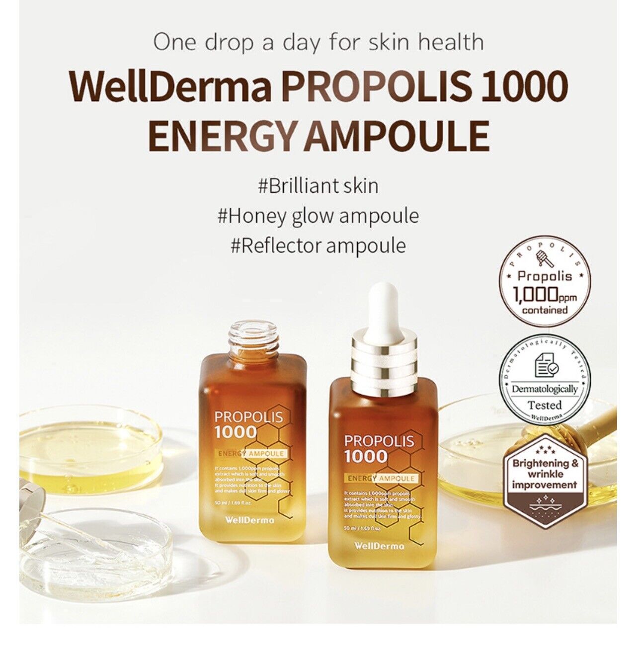 Wellderma Propolis 1000 Energy Ampoule, Propolis skincare, Ampoule serum, Korean skincare, Skin energizing, Anti-aging serum, Beauty products, Cosmetics, Skincare routine, Hydrating ampoule, Radiant skin, Youthful complexion, Skin rejuvenation, Beauty essentials, Skin care regimen.