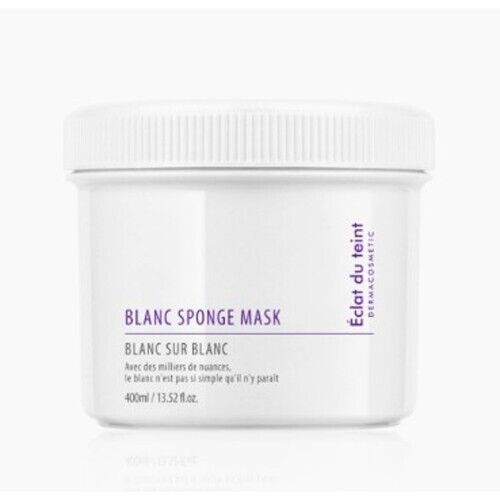 A jar of Blanc Whitening Sponge Mask by Blanc is placed on a textured white surface, accompanied by text describing the healing scent of bergamot below. Purchase at MyAllures for the ultimate skincare experience.