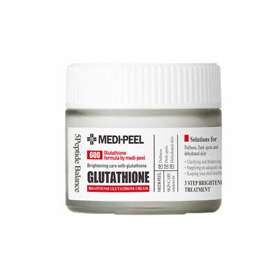 A hand holding a jar of MEDIPEEL BIO-INTENSE GLUTATHIONE WHITENING CREAM, with a white substance visible inside. Laboratory glassware is in the background against a white surface. You can buy it at MyAllures.