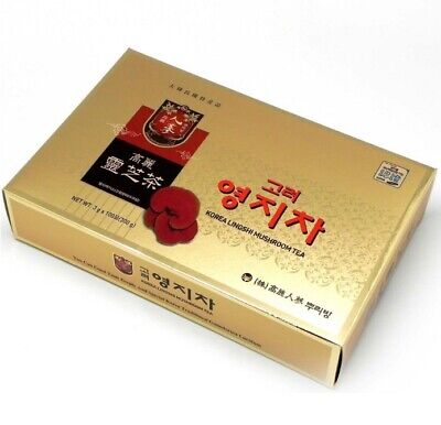 A box of KOREAN LINHZHI MUSHROOM TEA, adorned in gold and red packaging with Korean text and a mushroom image. Purchase at MyAllures for the finest selection.