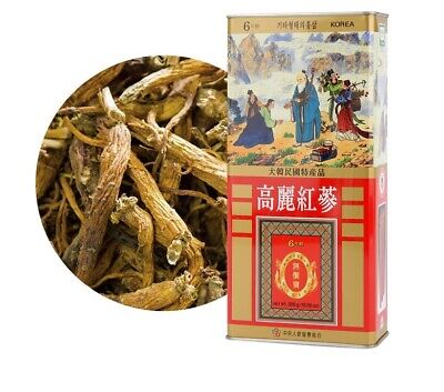 A tin of KOREAN 6 YEARS DRIED RED GINSENG ROOTS with traditional artwork on the packaging is shown next to a close-up of dried ginseng roots, available to buy at MyAllures.