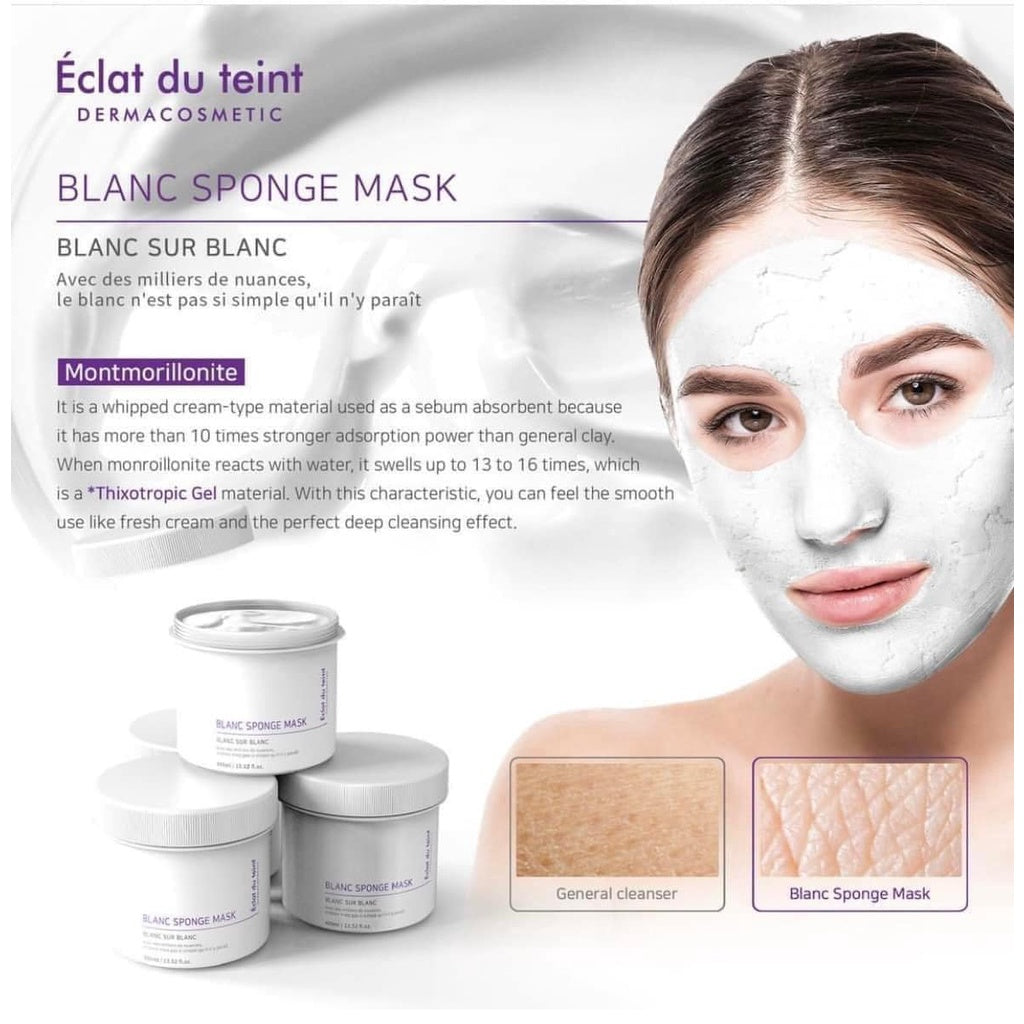 A jar of BLANC WHITENING SPONGE MASK with its lid off, revealing a luxurious white cream. The text describes the mask's vitamin complex benefits for improving skin texture and moisture. Buy at MyAllures to experience this skincare essential from BLANC.