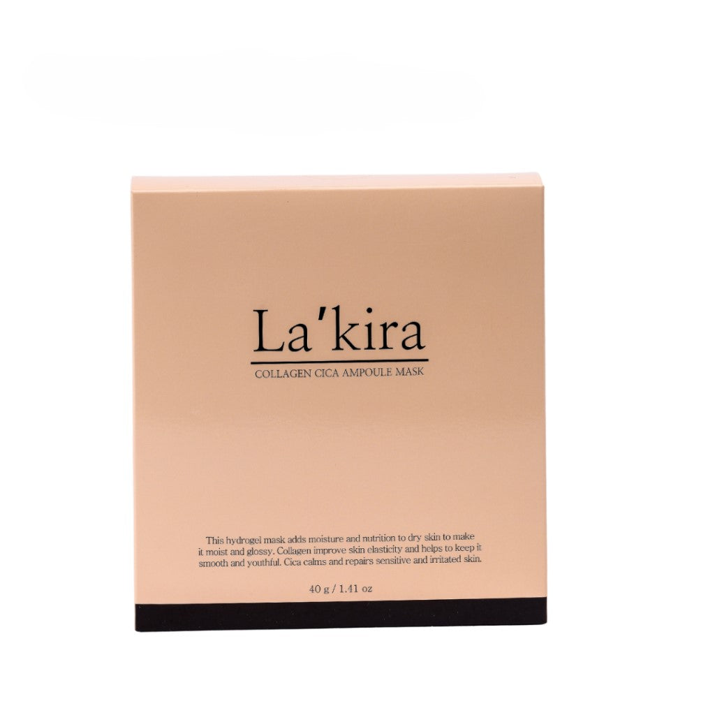 Several packets and boxes of the LAKIRA Collagen Cica Ampoule Mask are arranged on a white surface. The product packaging is beige with black text. Available for purchase at MyAllures.