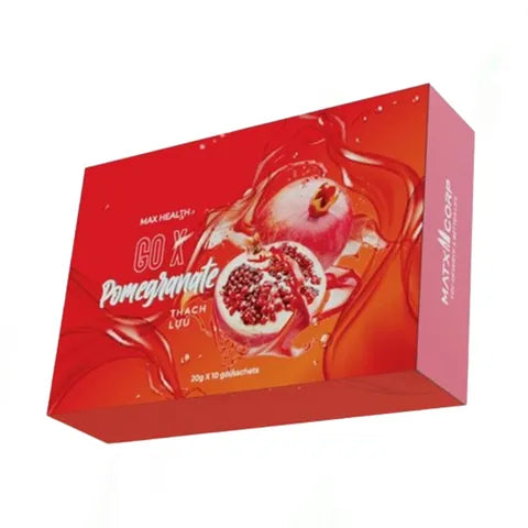 Boxes and packets of MATXI Gummy Go X Pomegranate Loss Weight products are stacked together. The packaging is predominantly red, featuring images of pomegranates. Buy at MyAllures for a burst of fruity goodness!