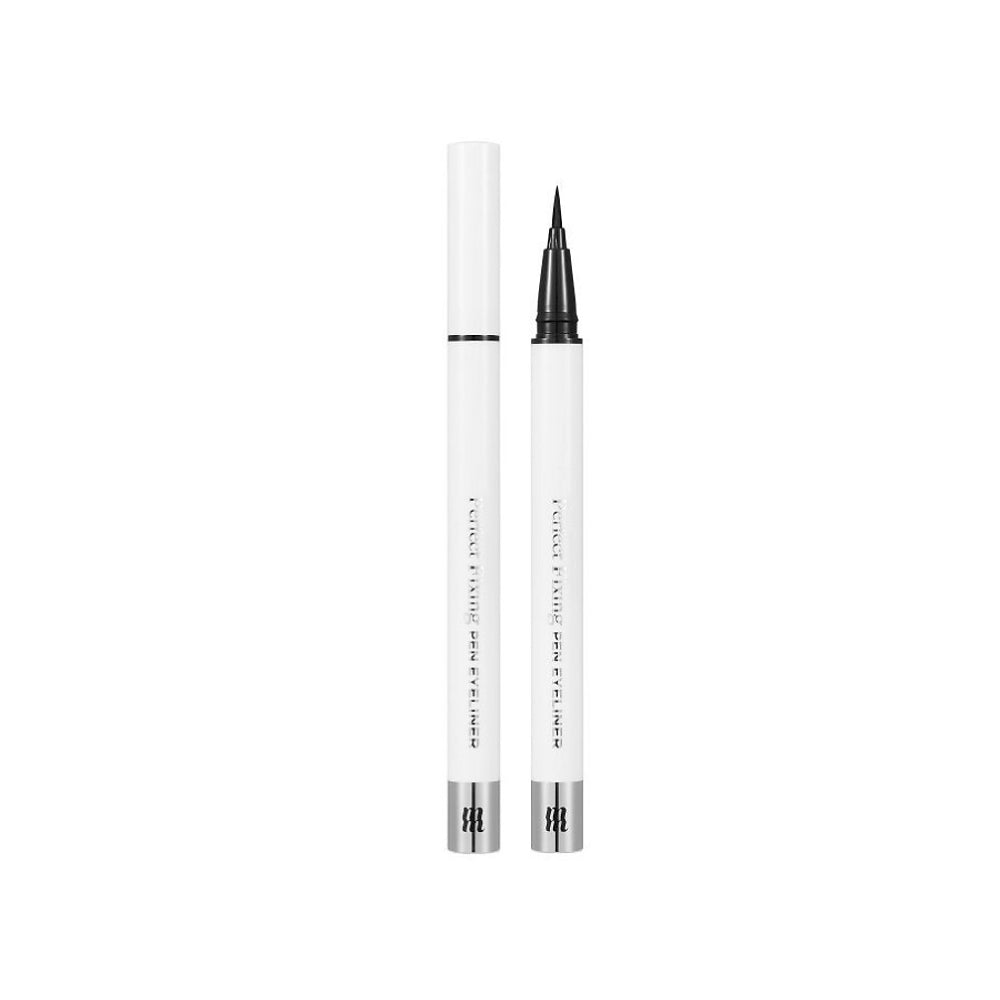 Image of a MERZY PERFECT FIXING PEN EYELINER placed diagonally on a white surface with parallel black lines in the background. Buy at MyAllures.