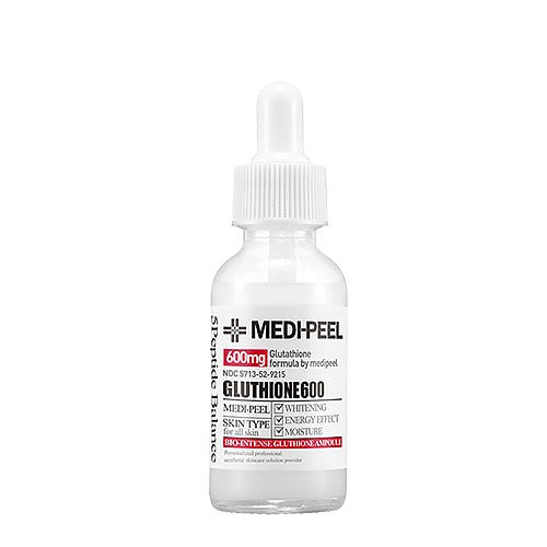 Image of MEDIPEEL BIO-INTENSE GLUTATHIONE AMPOULE dropper bottle labeled "darkness remove, moisturizing, brightening." Shows before and after close-ups of a face highlighting skin improvement. Buy at MyAllures for radiant results.