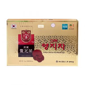 Experience the elegance of KOREAN LINHZHI MUSHROOM TEA, presented in a distinguished gold package with red and black accents, adorned with Korean text and mushroom imagery. Purchase yours today at MyAllures.