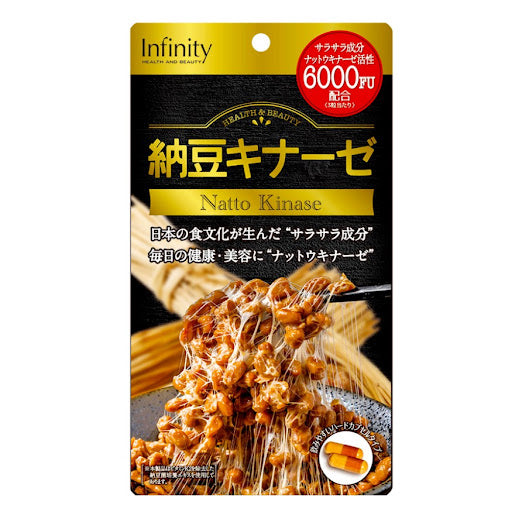 Japanese health supplement packaging for INFINITY 6000 FU by INFINITY, highlighting 6000FU per serving. Features images of natto, supplements, and text in Japanese detailing product benefits and ingredients. Buy at MyAllures.