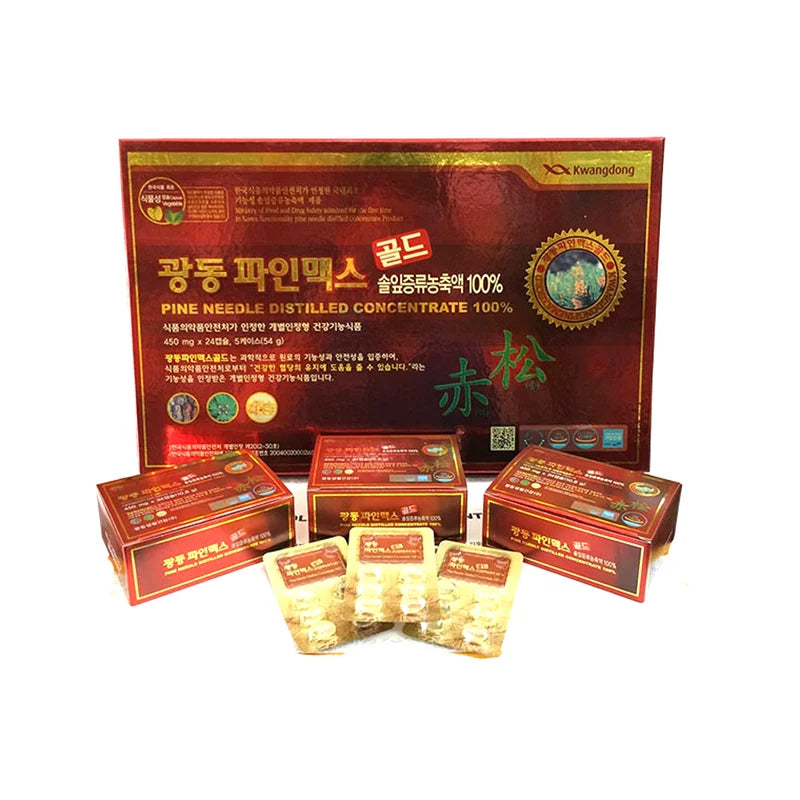 A product package featuring KWANGDONG RED PINE ESSENTIAL OIL in elegant golden and red boxes, with several smaller boxes and blister packs displayed in front. Buy at MyAllures for a premium wellness experience.