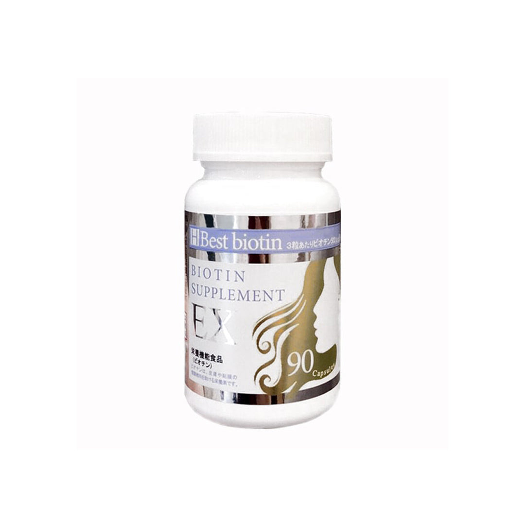 A bottle of JAPANESE BEST BIOTIN SUPPLEMENT EX by BIOTIN PREMIUM, featuring a woman's profile on the label and accompanied by a small transparent bowl filled with white capsules. Purchase at MyAllures for improved hair, nails, and skin health.