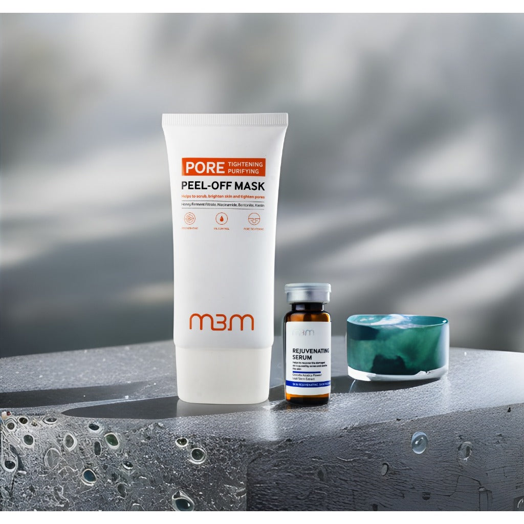 Presenting the M3M PEEL OFF MASK + SERUM by M3M: An orange and white box containing a peel-off mask designed for pore tightening and purification, complemented by a blue box with a rejuvenating serum that focuses on regeneration and dark spot reduction. Available now at MyAllures.