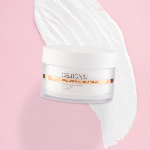 A jar of CELBONIC BODY CREAM is placed on a pink background with a smear of white cream behind it, available to buy at MyAllures.