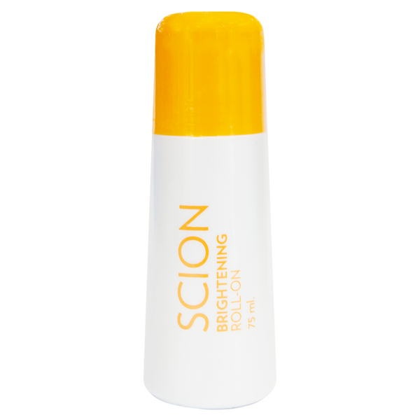 Image of a white roll-on bottle with a yellow cap labeled "NUSKIN SCION BRIGHTENING ROLL-ON DEODORANT ANTI-PERSPIRANT 75 mL." You can buy it at MyAllures.